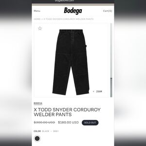 Bodega x Todd Snyder 34 x 32 Corduroy Welder Pant Lined Work Black